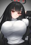  1girl absurdres arm_up black_hair black_jacket black_skirt blazer blue_archive blush breasts halo highres huge_breasts id_card jacket looking_at_viewer red_eyes rio_(blue_archive) skirt solo sweater turtleneck turtleneck_sweater ueyama_0clock upper_body white_sweater 