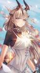  1girl absurdres arknights artist_name blonde_hair blue_eyes dragon_horns dress fire flower hair_flower hair_ornament highres horns long_hair rau_ma_(the_rauma001) reed_(arknights) reed_the_flame_shadow_(arknights) white_dress white_flower 