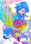  1boy amaya_uw blue_eyes blue_hair blue_kimono bright_pupils commentary_request falkner_(pokemon) haori highres jacket japanese_clothes kimono kneehighs lower_teeth_only male_focus open_clothes open_jacket open_mouth pidgeot pokemon pokemon_(creature) pokemon_(game) pokemon_hgss short_hair socks teeth twitter_username watermark white_background white_pupils wristband 