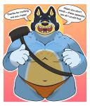  absurd_res anthro bag bandit_heeler bluey_(series) body_hair border bulge canid canine chest_hair clothed clothing dialogue digital_media_(artwork) excited hairy_arms hi_res m00ny male mammal musclegut partially_clothed solo speedo sunset swimwear white_border 