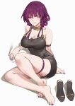  1girl alternate_costume arm_strap bare_shoulders barefoot breasts choker cleavage highres honkai:_star_rail honkai_(series) kafka_(honkai:_star_rail) large_breasts linreplica long_hair looking_at_viewer purple_eyes purple_hair simple_background sitting sleeveless smile solo spaghetti_strap white_background 