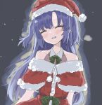  1girl at_balon bangs bare_shoulders blue_archive blue_hair blush christmas closed_eyes commentary dress fur-trimmed_dress fur-trimmed_headwear fur_trim grin hat long_hair pom_pom_(clothes) red_dress red_headwear santa_costume santa_hat smile solo symbol-only_commentary upper_body very_long_hair yuuka_(blue_archive) 