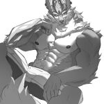  anthro bottomwear canid canine canis clothing hi_res humanoid league_of_legends looking_at_viewer male mammal muscular muscular_male nipples pants pecs riot_games sitting smile solo warwick_(lol) warwickislovely wolf 