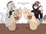  3_toes 4_toes absurd_res anthro black_claws blue_eyes brown_hair christmas christmas_clothing christmas_headwear claws closed_smile clothed clothing collar duo feet female foot_focus fur gesture grey_hair grey_tail hair hat headgear headwear hi_res holidays long_hair looking_at_viewer mouth_closed narrowed_eyes purple_eyes red_collar rz54 santa_hat simple_background tan_body tan_fur toes v_sign white_background 