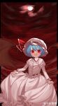  1girl bat_wings blue_hair brown_wings buttons center_frills collared_shirt embodiment_of_scarlet_devil fang frilled_shirt_collar frilled_skirt frills hat hat_ribbon highres juliet_sleeves keiki8296 long_sleeves mob_cap open_mouth puffy_sleeves red_eyes red_ribbon remilia_scarlet ribbon shirt short_hair skin_fang skirt slit_pupils solo touhou white_headwear white_shirt white_skirt wings 
