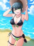  1girl arm_up beach bikini blue_sky breasts cleavage day green_eyes green_hair hat highres jewelry large_breasts looking_at_viewer morros navel necklace original sky smile solo sun_hat sunglasses swimsuit 