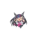  &gt;o&lt; 1girl :d arms_up black_sailor_collar blue_hair blue_thighhighs blush chibi closed_eyes danganronpa_(series) danganronpa_2:_goodbye_despair ear_piercing fang grey_background grey_hair hair_horns highres miniskirt mioda_ibuki multicolored_hair neckerchief oji-sama_(ochi4t) piercing pink_hair pink_neckerchief pink_thighhighs pleated_skirt sailor_collar scrunchie simple_background skirt smile solo thighhighs torn_clothes torn_thighhighs wrist_scrunchie 