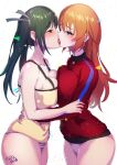  2girls absurdres alternate_breast_size blue_eyes blue_stripes blush breasts charlotte_e._yeager cleavage collarbone francesca_lucchini french_kiss green_eyes green_hair hair_ribbon highres hug kiss large_breasts long_hair looking_at_another momoyama_tits multiple_girls orange_hair panties ribbon signature simple_background strike_witches striped striped_panties tongue track_suit twintails underwear white_background white_panties white_stripes world_witches_series yuri 