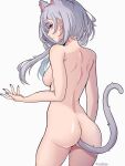  1girl absurdres animal_ears ass blue_eyes breasts completely_nude coubalty grey_hair highres hololive hololive_indonesia long_hair looking_at_viewer looking_back nude sideboob solo tail thighs vestia_zeta virtual_youtuber 