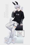  1boy 2022 absurdres animal_ears character_name clothes_writing doughnut ear_piercing food full_body grey_background grey_hair hair_between_eyes highres jewelry kuzuha_(nijisanji) layered_sleeves long_sleeves looking_at_viewer male_focus nijisanji pants piercing rabbit red_eyes ring shirt shoes simple_background sjamki sneakers solo striped virtual_youtuber white_footwear white_pants 