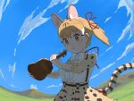  1girl animal_ears belt blue_sky bow bowtie brown_eyes brown_hair cat_ears cat_girl cat_tail extra_ears highres instrument kemono_friends kemono_friends_v_project large-spotted_genet_(kemono_friends) nature open_mouth ribbon shirt short_hair skirt sky solo suspenders tail twintails violin virtual_youtuber y0whqzz8bkslezl 