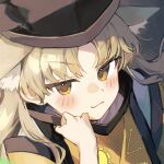  1girl animal_ear_fluff animal_ears blonde_hair close-up fox_ears hand_on_own_cheek hand_on_own_face hand_up hat jill_07km kemonomimi_mode light long_hair matara_okina orange_eyes smirk solo tabard touhou 