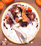  1girl ahoge arm_up artist_logo artist_name bare_legs barefoot between_legs bright_pupils brown_hair brown_skirt carrot carrot_slice collared_shirt commentary_request commission curry curry_(vtuber) curry_rice dot_nose food food_print from_above full_body hair_spread_out highres in_food indie_virtual_youtuber jacket long_hair long_sleeves looking_at_viewer lying mini_person minigirl miniskirt on_plate one_eye_closed open_clothes open_jacket orange_jacket parted_lips plantar_flexion plate pleated_skirt print_shirt rice second-party_source shirt shirt_tucked_in skeb_commission skirt solo spoon two_side_up uenomigi very_long_hair virtual_youtuber white_pupils white_shirt 