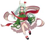  1girl absurdres black_footwear bow breasts cleavage closed_mouth dress ex-keine frilled_sleeves frills full_body green_dress green_hair hair_between_eyes highres hiyaya_(kochi_michikaze) horn_bow horn_ornament horns kamishirasawa_keine large_breasts long_hair red_bow red_eyes scroll shoes short_sleeves socks solo touhou transparent_background white_socks 