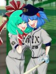  2girls baseball baseball_bat baseball_mitt baseball_uniform blue_gloves blurry blurry_background closed_eyes cowboy_shot front_ponytail gloves green_hair hand_on_another&#039;s_shoulder holding holding_baseball_bat hrsksnk_is_my_hero kagiyama_hina kawashiro_nitori multiple_girls open_mouth outdoors pants puffy_short_sleeves puffy_sleeves red_gloves shirt short_sleeves sportswear touhou two-tone_gloves white_pants white_shirt 