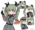  #nullpo115 anchovy_(girls_und_panzer) anzio_(emblem) belt benito_mussolini black_belt black_gloves cheeks crossed_arms decorations eating emblem extra_faces face_eating fascist fascist_uniform food fork glasses gloves gold_buttons green_hair grey_uniform hair_tie happy hat holding holding_fork holding_whip necktie pasta pointing red_eyes sad_eyes serious short_twintails smile spaghetti spaghetti_with_parmiggiano teeth twintails uniform whip 