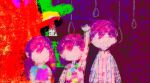  1girl 2boys alternate_hair_color arm_up aubrey_(headspace)_(omori) aubrey_(omori) blurry brothers cat child crayon_(medium) faceless glitch hero_(headspace)_(omori) hero_(omori) horror_(theme) kel_(headspace)_(omori) kel_(omori) looking_at_viewer multiple_boys no_eyes no_mouth no_nose noose omori pajamas pink_hair rope siblings sun_iiinu symbolism traditional_media 