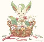  :3 basket blush closed_eyes closed_mouth commentary_request facing_viewer flower highres ibusaki_(ivu) in_basket leafeon no_humans pink_flower pokemon pokemon_(creature) ribbon smile solo 