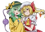  2girls ascot blonde_hair bow buttons crystal diamond_button fang fang_out flandre_scarlet green_eyes green_hair hat hat_bow highres komeiji_koishi maisuiren multiple_girls puffy_short_sleeves puffy_sleeves red_eyes red_vest shirt short_sleeves side_ponytail skirt skirt_set smile third_eye touhou vest white_background wide_sleeves wings yellow_ascot yellow_shirt yuri 
