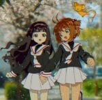  2girls :d antenna_hair black_hair black_shirt blunt_bangs brown_hair cardcaptor_sakura cherry_blossoms cowboy_shot daidouji_tomoyo day falling_petals feathered_wings green_eyes hairband holding_hands kero kinomoto_sakura long_hair long_sleeves looking_at_another multiple_girls neckerchief open_mouth outdoors petals pink_hairband pleated_skirt purple_eyes sailor_collar school_uniform serafuku shirt short_hair skirt smile teruya_(6w6y) tomoeda_elementary_school_uniform tree white_neckerchief white_sailor_collar white_skirt wings 