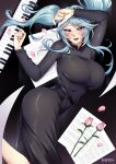  1girl :d arm_over_head artist_name black_dress blue_eyes blue_hair breasts curvy dress epsilon_(kage_no_jitsuryokusha_ni_naritakute!) fingernails flower highres huge_breasts instrument kage_no_jitsuryokusha_ni_naritakute! long_hair looking_at_viewer lying mibry_(phrysm) on_side open_mouth petals piano piano_keys sheet_music smile solo twintails 