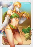  1boy arrow_(projectile) artist_name bare_shoulders blonde_hair blue_background blue_eyes blurry blurry_background breasts bridal_gauntlets brown_background bulge crossdressing detached_sleeves feet_out_of_frame gerudo_set_(zelda) gradient_background highres holding korok link looking_at_viewer male_focus medium_breasts midriff mouth_veil nail_polish navel otoko_no_ko parted_bangs pink_nails quiver scimitar shadow shield_on_back solo steamed_egg sword the_legend_of_zelda the_legend_of_zelda:_breath_of_the_wild thighs veil weapon white_sleeves 