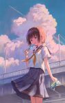  1girl blue_sailor_collar blue_skirt blue_sky bridge brown_eyes brown_hair cloud contrail feel_(nasitaki) food highres holding holding_food holding_popsicle lamppost neckerchief original outdoors pleated_skirt popsicle railing sailor_collar school_uniform serafuku short_hair skirt sky solo yellow_neckerchief 