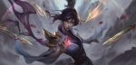  1girl absurdres blade blue_eyes breasts detached_sleeves dress energy_barrier english_commentary eyeshadow facial_mark falling_petals fiora_(league_of_legends) floating_hair forehead_mark hair_between_eyes hair_bun haotian_gruru highres incoming_attack league_of_legends long_hair long_sleeves looking_at_viewer makeup medium_breasts multiple_swords outdoors parted_lips petals protecting purple_dress purple_hair sidelocks single_hair_bun soaring_sword_fiora solo upper_body wide_sleeves 