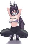 1girl armpits arms_up bandeau bare_shoulders black_footwear black_hair black_pants breasts commentary_request goddess_of_victory:_nikke hair_between_eyes headgear high-waist_pants high_ponytail highres jacket long_hair looking_at_viewer mask medium_breasts mouth_mask pants purple_jacket shoes simple_background sin_(nikke) solo squatting stomach strapless tube_top very_long_hair white_background xi_oshir1 yoga_pants 