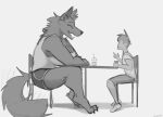  anthro big_breasts bottomwear breasts canid canine canis chair claws clothed clothing date eyes_closed faceless_character faceless_human faceless_male female fully_clothed furniture hi_res human human_on_anthro interspecies larger_anthro larger_female male mammal on_chair open_mouth schmutzo shirt shorts sitting sitting_on_chair size_difference smaller_human smaller_male smile solo table tank_top toe_claws topwear wolf 