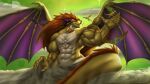  abs agonwolfe anthro big_muscles clawed_fingers claws cloud dragon female fur hair hi_res horn humanoid hyper jewelry muscular red_hair solo spread_wings tail_fur whiskers wings 