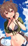  1girl :d agnes_tachyon_(lunatic_lab)_(umamusume) agnes_tachyon_(umamusume) ahoge animal_ears arm_under_breasts bikini bikini_under_clothes black_bikini blue_sky breasts brown_hair cleavage cloud collarbone collared_jacket commentary_request cowboy_shot criss-cross_halter day dutch_angle ear_ornament empty_eyes green_jacket groin hair_between_eyes halterneck hand_up highres horse_ears horse_girl horse_tail jacket looking_at_viewer medium_breasts midriff navel open_clothes open_mouth open_shorts red_eyes short_hair short_shorts short_sleeves shorts sidelocks sky smile solo standing summer_sun_calms_down_blue_(umamusume) swimsuit tail tied_jacket umamusume wristband yasume_yukito 