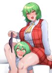  2girls :d androgynous antennae ascot black_panties blush breasts collared_shirt commentary_request feet_out_of_frame green_eyes green_hair hair_between_eyes head_between_thighs holding holding_clothes holding_panties holding_underwear huge_breasts kazami_yuuka long_sleeves medium_bangs multiple_girls nose_blush open_mouth panties plaid plaid_skirt plaid_vest red_eyes red_skirt red_vest sadahiro_(chicken_nugget_gyuuniku_aji) shiny_skin shirt short_hair short_sleeves simple_background sitting skirt skirt_set smile textless_version touhou underwear upper_body vest white_background white_shirt wriggle_nightbug yellow_ascot 