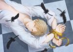  1boy bdsm black_feathers blonde_hair bondage bound collarbone collared_shirt falling_feathers feathers given highres kashima_hiiragi_(given) long_sleeves lying motion_blur on_back on_floor open_clothes open_shirt shirt solo tile_floor tiles umi8315 white_shirt yellow_eyes 