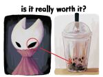 1girl alicezakat arrow_(symbol) arthropod_girl artist_name black_eyes blank_eyes border bubble_tea cloak commentary cup disposable_cup drink drinking_straw english_commentary english_text high_collar highres hollow_knight hornet_(hollow_knight) is_it_really_worth_it_(meme) meme red_cloak solo standing twitter_username watermark white_border 
