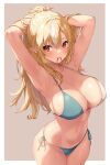  1girl armpits arms_behind_head bikini blonde_hair blue_bikini border breasts cleavage dark-skinned_female dark_elf dark_skin elf hair_between_eyes hair_tie_in_mouth hololive large_breasts long_hair looking_at_viewer mouth_hold mr.canaryy multicolored_hair navel outside_border pointy_ears red_eyes shiranui_flare side-tie_bikini_bottom simple_background smile solo streaked_hair string_bikini swimsuit two-tone_bikini tying_hair virtual_youtuber white_bikini white_border white_hair 