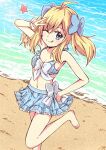  1girl absurdres ahoge beach bikini bikini_skirt blonde_hair blue_bikini blue_eyes blush bow breasts cleavage closed_mouth hair_bow hand_on_own_hip highres jashin-chan jashin-chan_dropkick long_hair looking_at_viewer ocean one_eye_closed outdoors small_breasts smile solo standing standing_on_one_leg swimsuit tongue tongue_out v yuuki_shushu 