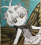  1girl antennae butterfly_wings closed_mouth dress eternity_larva fairy highres leaf leaf_on_head multicolored_clothes multicolored_dress shikishi short_hair short_sleeves smile solo touhou traditional_media umebitan upper_body wings yellow_eyes 