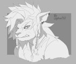  anthro braided_hair bust_portrait ear_piercing ear_ring felid feline greyscale hair hi_res jewelry looking_at_viewer male mammal monochrome necklace piercing portrait ring_piercing sharp_teeth shenpai snarling solo teeth voxer_(shenpai) 