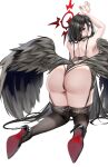  1girl absurdres arms_up ass bare_shoulders black_hair blue_archive dlnk hair_between_eyes hasumi_(blue_archive) high_heels highres lingerie long_hair looking_at_viewer looking_back mole mole_under_eye solo thighhighs thighs underwear white_background wings 