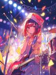  1girl arima_kana blush bob_cut closed_mouth dress guitar happy hat idol idol_clothes instrument inverted_bob microphone on_takamail oshi_no_ko red_eyes red_hair short_hair smile solo stage stage_lights 