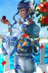  1girl alternate_costume black_hair blue_kimono blurry blurry_foreground boat bracelet cloud commentary_request dark-skinned_female dark_skin day earclip earrings eyelashes eyeshadow falling_petals floral_print flower green_eyes hands_up holding japanese_clothes jewelry kimono lipstick makeup nessa_(pokemon) outdoors parted_lips petals poke_ball_print pokemon pokemon_(game) pokemon_swsh red_flower red_lips sash setta_shu sidelocks sky solo water watercraft 