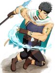  1boy armlet black_hair brown_footwear cape crave_saga earrings fingerless_gloves full_body gae_bolg_(crave_saga) gloves grin holding holding_polearm holding_weapon jewelry male_focus muscular nose_tape polearm running saiden_(mandraw) scar scar_on_arm smile solo tattoo thigh_strap twisted_torso weapon 