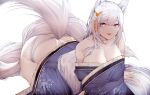  1girl absurdres animal_ear_fluff animal_ears azur_lane bare_shoulders blue_eyes breasts cleavage gold_trim highres lace-trimmed_panties lace_trim large_breasts large_tail long_hair panties samip shinano_(azur_lane) simple_background slit_pupils tail tongue tongue_out underwear very_long_hair white_background white_hair white_panties white_tail 