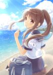  1girl bag bag_charm beach bow bowtie brown_eyes brown_hair charm_(object) day eating food hair_tie highres holding holding_food holding_popsicle ibuki_ena long_hair looking_at_viewer looking_back ocean original outdoors pleated_skirt ponytail popsicle school_bag school_uniform serafuku short_sleeves sitting skirt sky smile socks solo sparkle sunlight water 