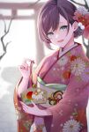  1girl :d blurry blurry_background brown_hair chinese_zodiac commentary_request floral_print hair_behind_ear highres holding japanese_clothes kimono open_mouth original outdoors overcast pink_kimono sky smile solo swept_bangs torii torimarururu upper_body wide_sleeves year_of_the_rabbit 