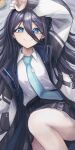  &lt;key&gt;_(robot)_(blue_archive) 1girl absurdly_long_hair aris_(blue_archive) bag_(chrko_bag) bed_sheet black_skirt blue_archive blue_eyes blue_necktie blush buttons closed_mouth collared_shirt highres jacket long_hair long_sleeves looking_at_viewer necktie open_clothes open_jacket pleated_skirt shirt skirt smile solo very_long_hair white_jacket white_shirt 