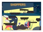  anthro cellphone chapaevv clothed clothing comic dialogue digital_media_(artwork) english_text equid equine fan_character female friendship_is_magic group hair hasbro hi_res horn male mammal moonbow_flare my_little_pony open_mouth parking_lot phone smartphone store text topwear trio unicorn 
