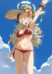  1girl absurdres arm_up armpits bikini blonde_hair blue_archive blue_sky breasts closed_eyes cloud commentary cowboy_shot curly_hair day facing_viewer flipped_hair flower front-tie_bikini_top front-tie_top hair_flower hair_ornament hairclip halo hat highres izumi_(blue_archive) izumi_(swimsuit)_(blue_archive) large_breasts long_hair navel official_alternate_costume open_mouth outstretched_arm red_bikini sb_lama scrunchie sky smile solo straw_hat sun_hat swimsuit waving wrist_scrunchie wristband 
