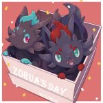  alternate_color border character_name confetti crate dated english_text kechon-san looking_at_viewer no_humans open_mouth pokemon pokemon_(creature) red_background shiny_pokemon white_border zorua 